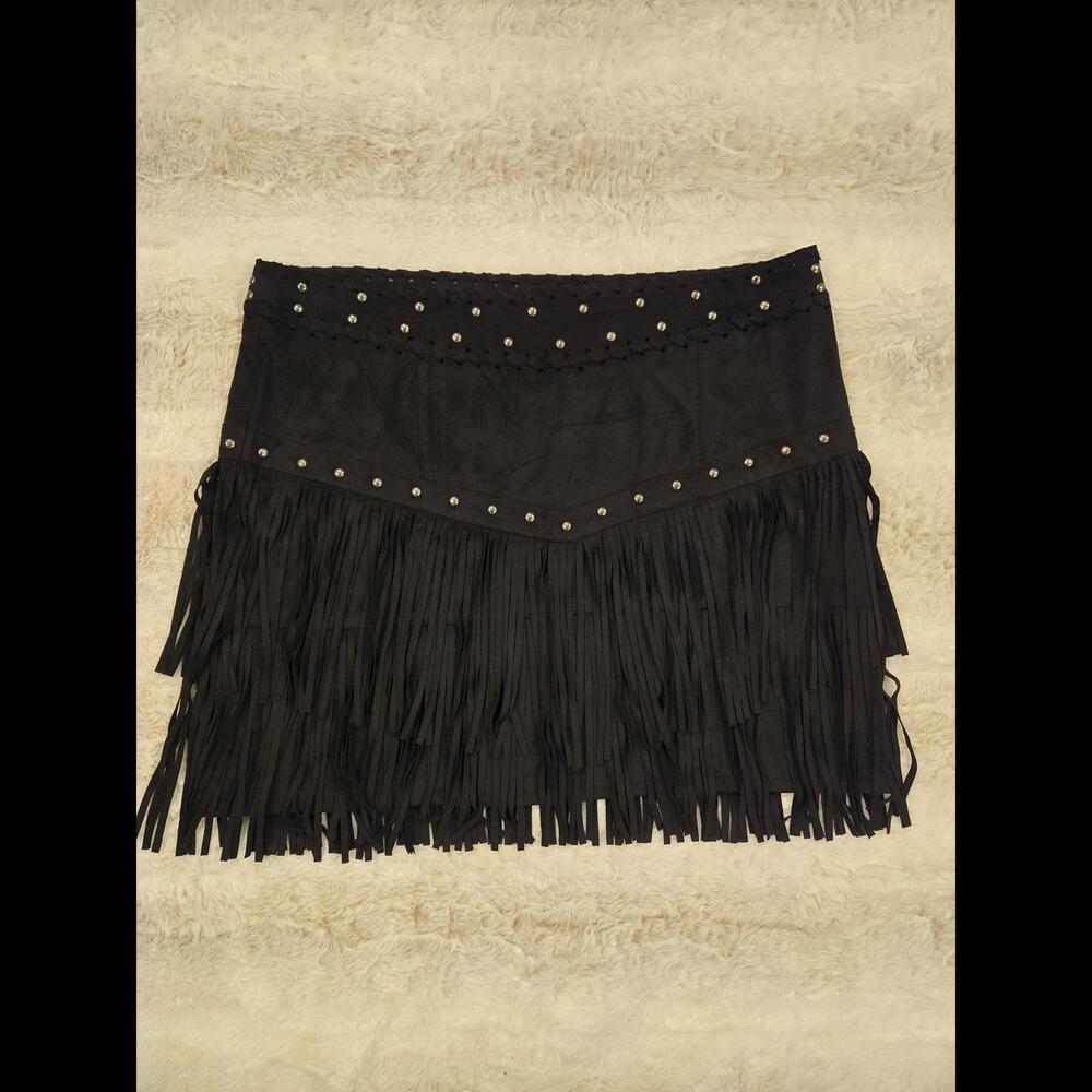 NWOT Idyllwind Faux Suede Studded Fringe Mini Skirt XL